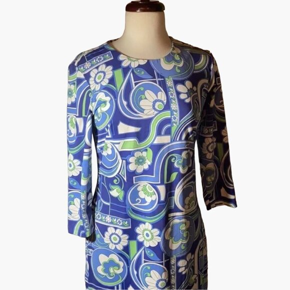 J. McLaughlin Blue Floral Dress Size Medium Stretchy Catalina Cloth Rear Zipper - Picture 2 of 9